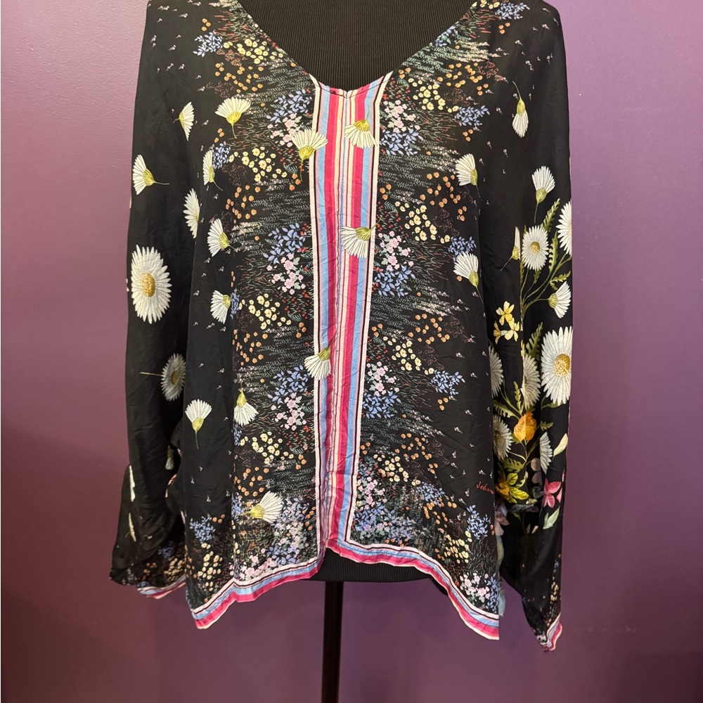 Johnny Was Floral Black Silk Women's Top